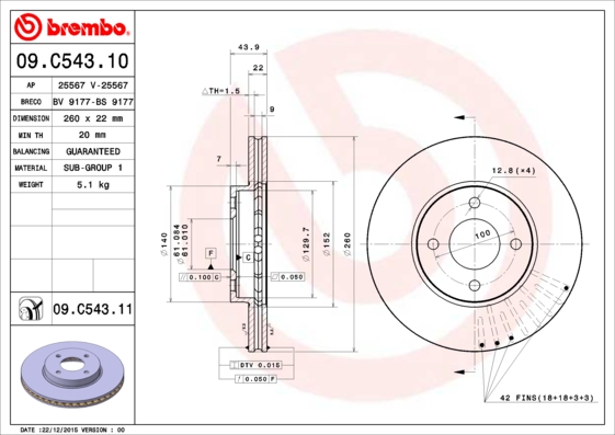 A.B.S. 09.C543.11 BREMBO COATED DISC LINE Bremsscheibe