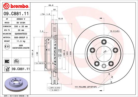 A.B.S. 09.C881.11 BREMBO COATED DISC LINE Bremsscheibe