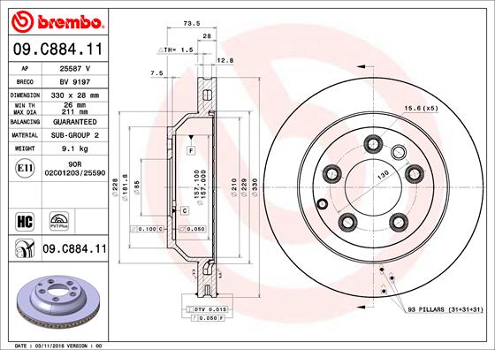 A.B.S. 09.C884.11 BREMBO COATED DISC LINE Bremsscheibe