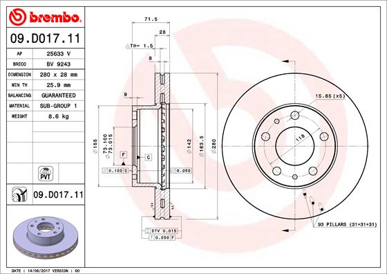 A.B.S. 09.D017.11 BREMBO COATED DISC LINE Bremsscheibe
