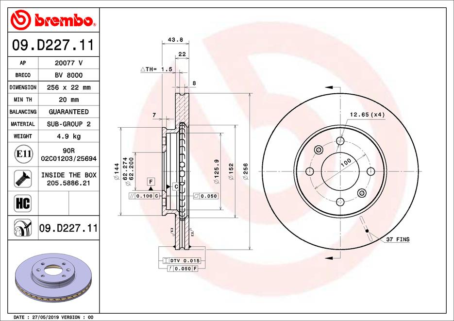 A.B.S. 09.D227.11 BREMBO Bremsscheibe
