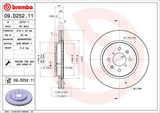 A.B.S. 09.D252.11 BREMBO COATED DISC LINE Bremsscheibe