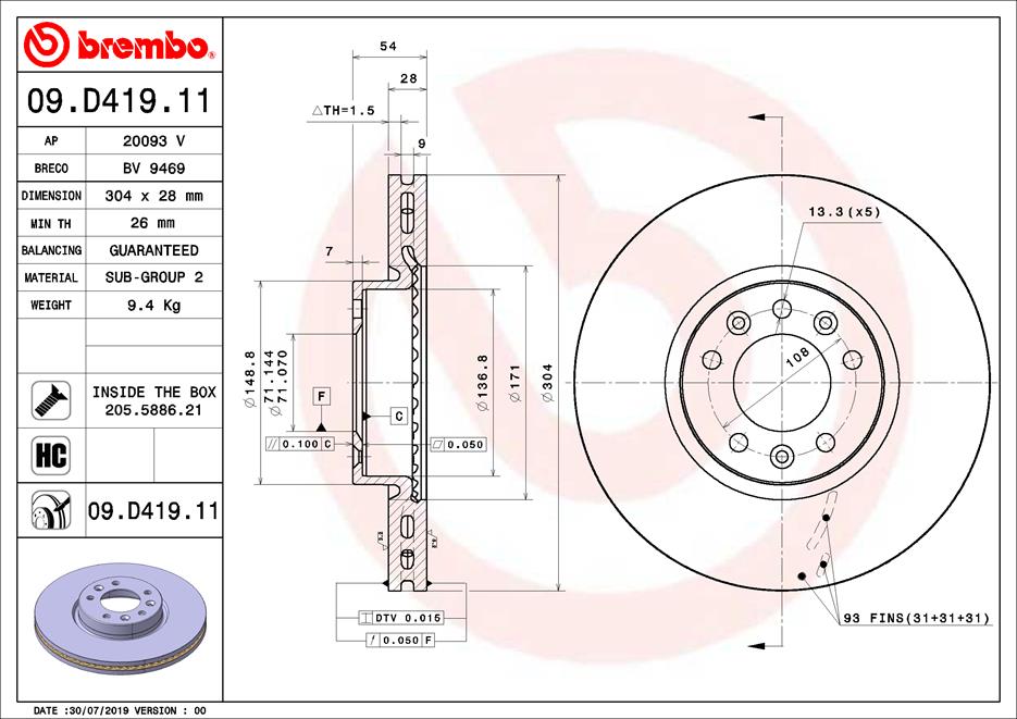 A.B.S. 09.D419.11 BREMBO Bremsscheibe