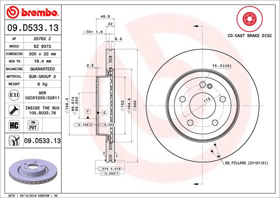 A.B.S. 09.D533.13 BREMBO CO-CAST DISCS LINE Bremsscheibe