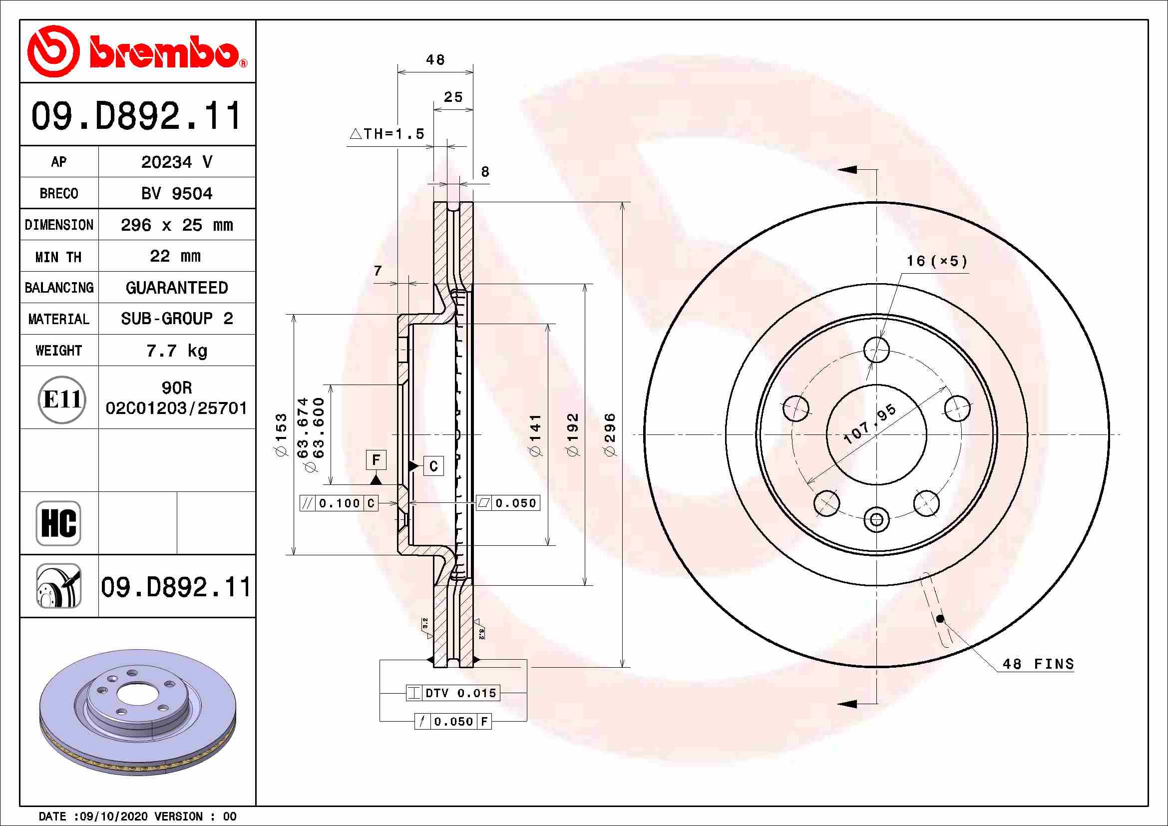 A.B.S. 09.D892.11 BREMBO COATED DISC LINE Bremsscheibe
