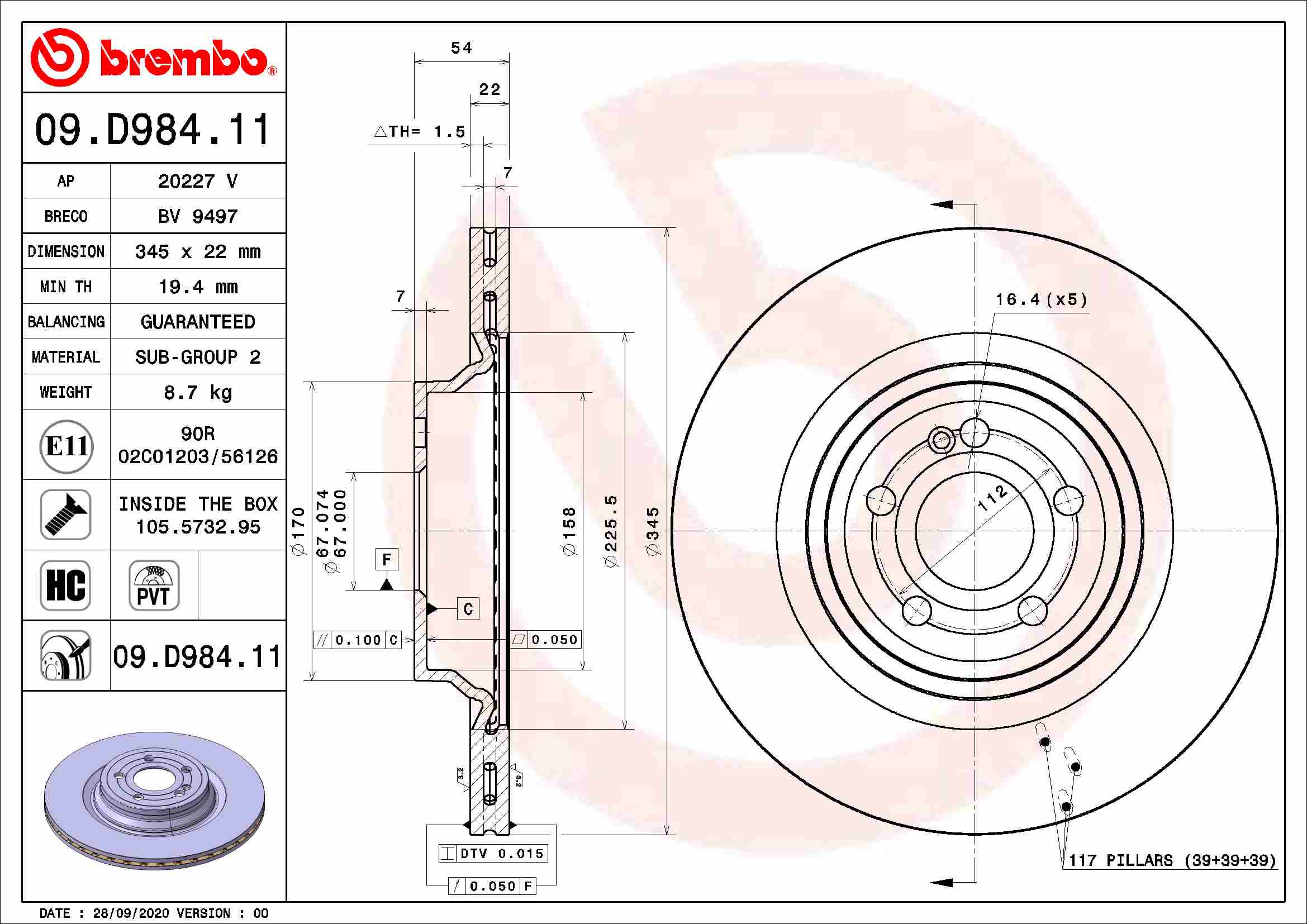A.B.S. 09.D984.11 BREMBO COATED DISC LINE Bremsscheibe