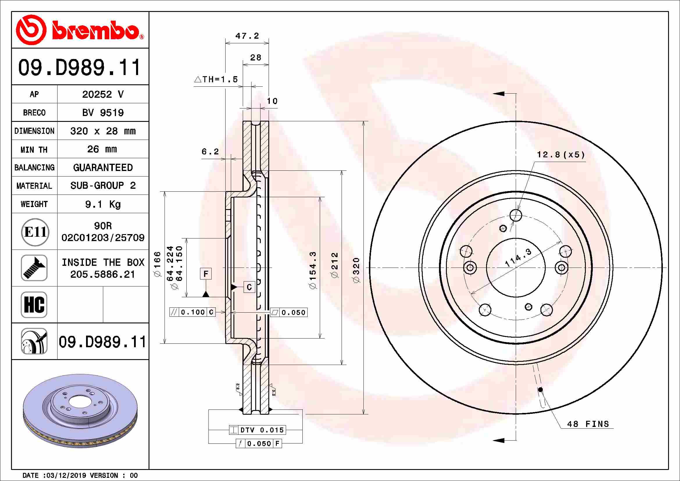 A.B.S. 09.D989.11 BREMBO COATED DISC LINE Bremsscheibe