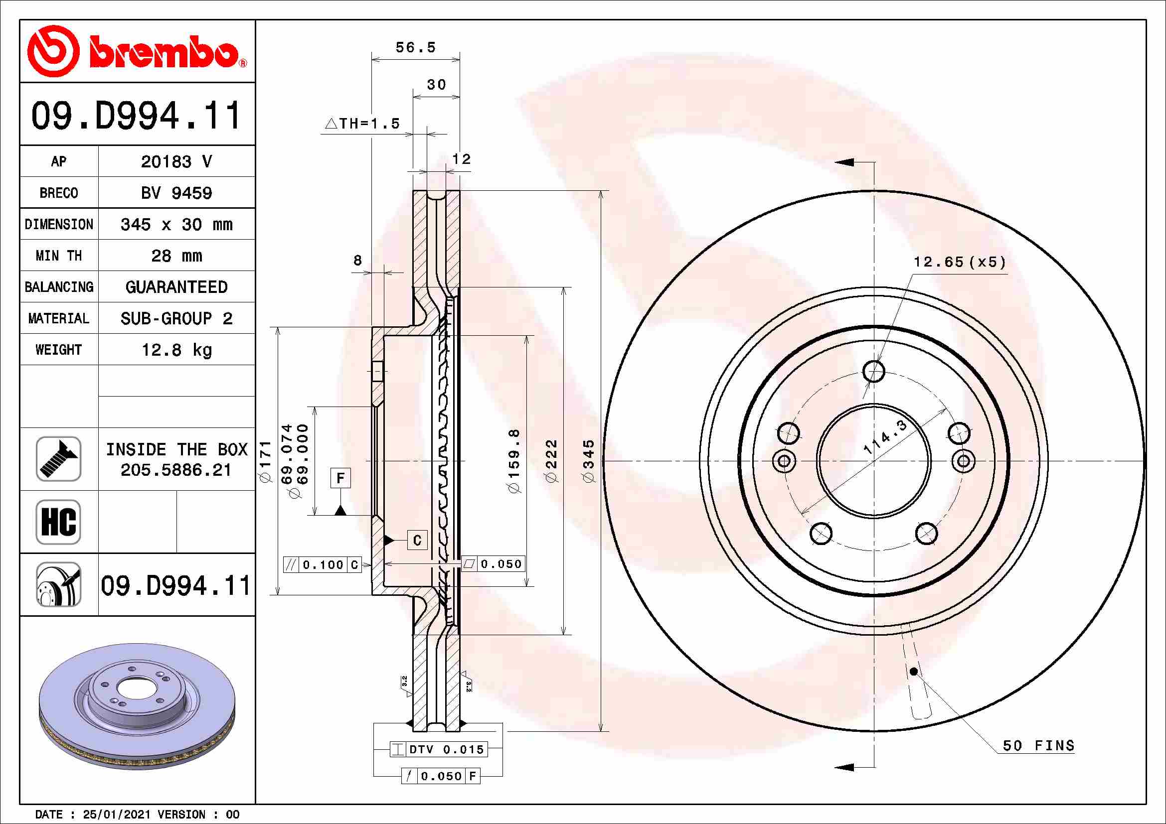 A.B.S. 09.D994.11 BREMBO COATED DISC LINE Bremsscheibe