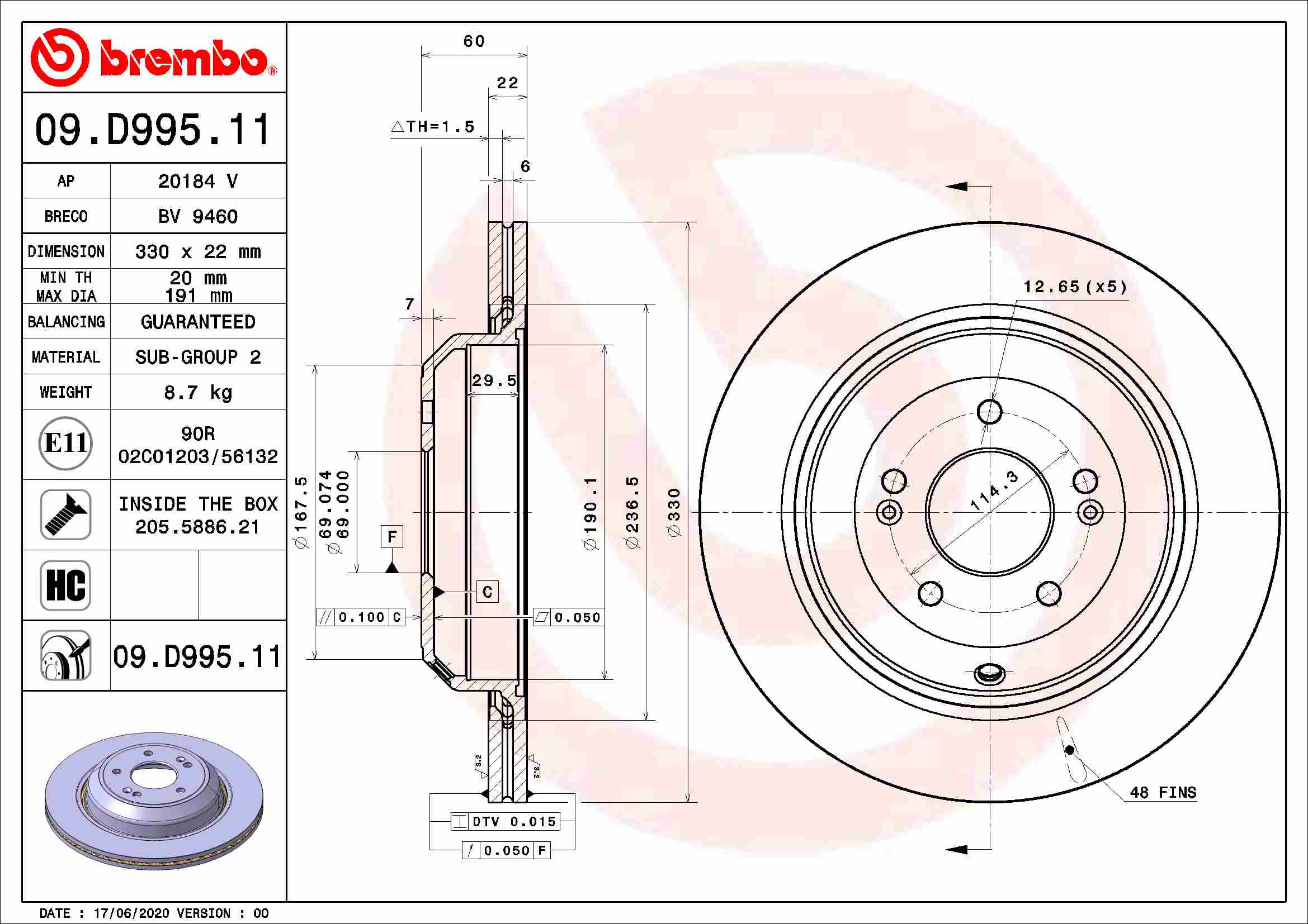 A.B.S. 09.D995.11 BREMBO Bremsscheibe