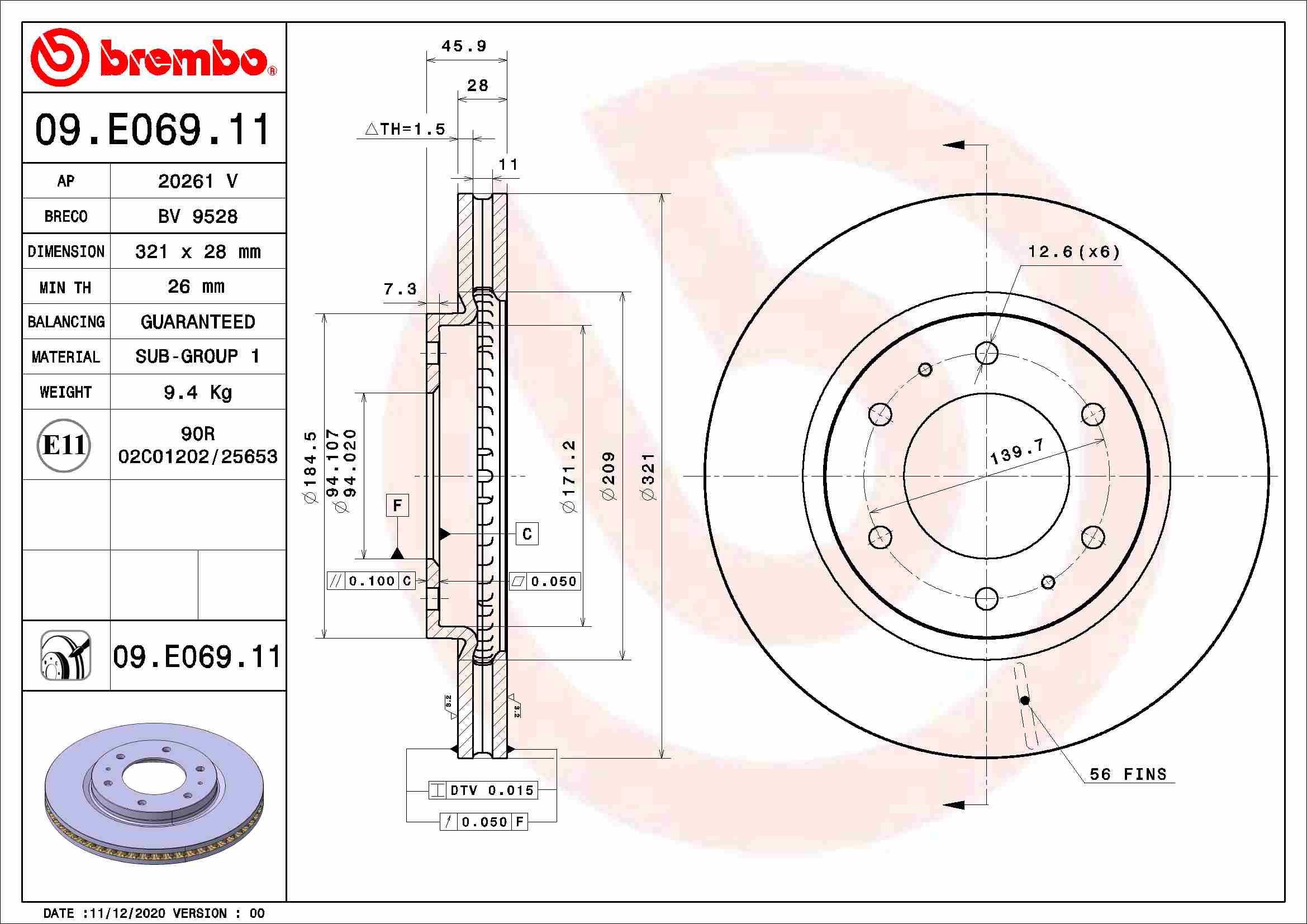A.B.S. 09.E069.11 BREMBO COATED DISC LINE Bremsscheibe
