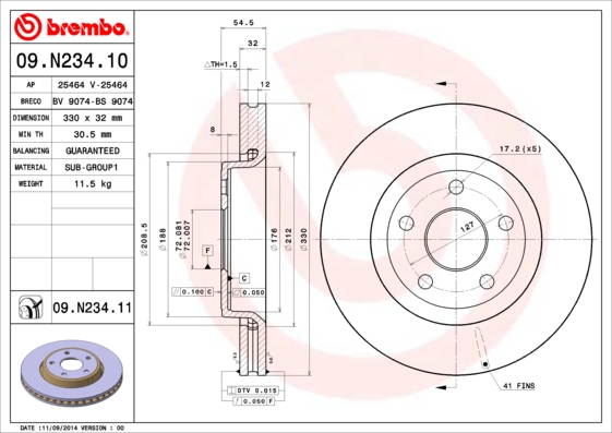 A.B.S. 09.N234.11 BREMBO COATED DISC LINE Bremsscheibe