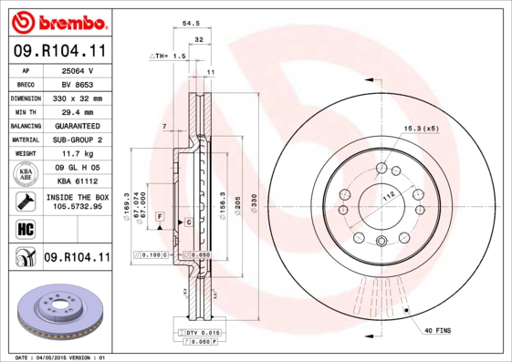 A.B.S. 09.R104.11 BREMBO COATED DISC LINE Bremsscheibe