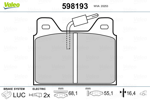 VALEO 598193 Kit pastiglie freno, Freno a disco