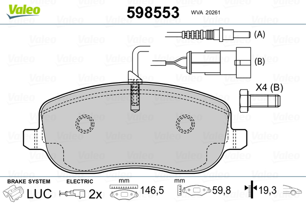 VALEO 598553 Kit pastiglie freno, Freno a disco