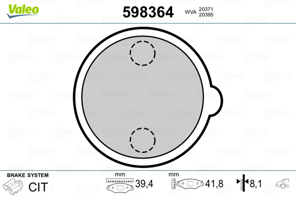 VALEO 598364 Kit pastiglie freno, Freno di stazionamento a disco