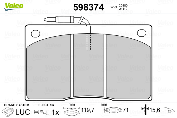 VALEO 598374 Kit pastiglie freno, Freno a disco