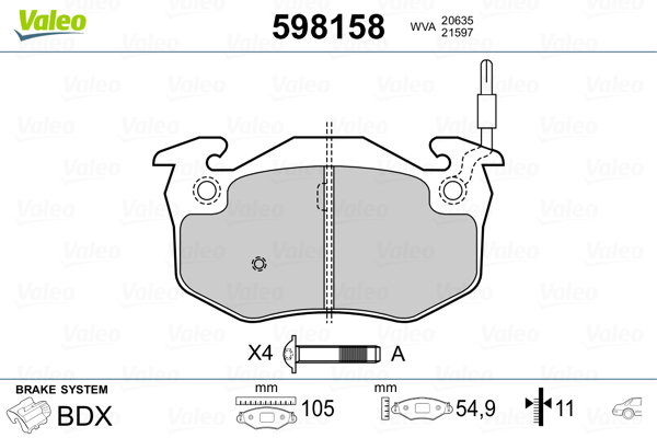 VALEO 598158 Kit pastiglie freno, Freno a disco