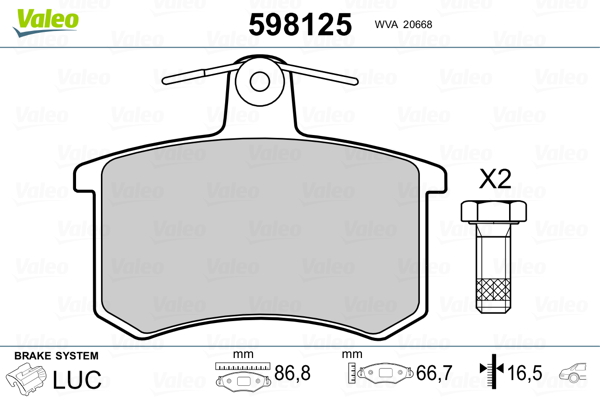 VALEO 598125 Kit pastiglie freno, Freno a disco