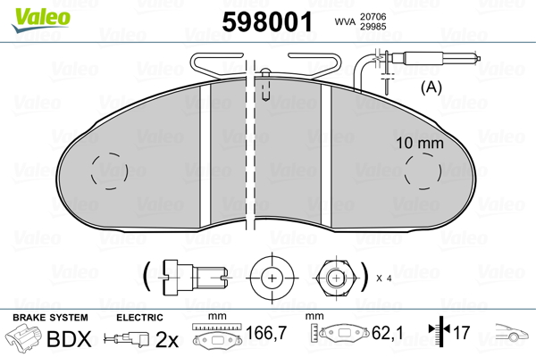 VALEO 598001 Kit pastiglie freno, Freno a disco