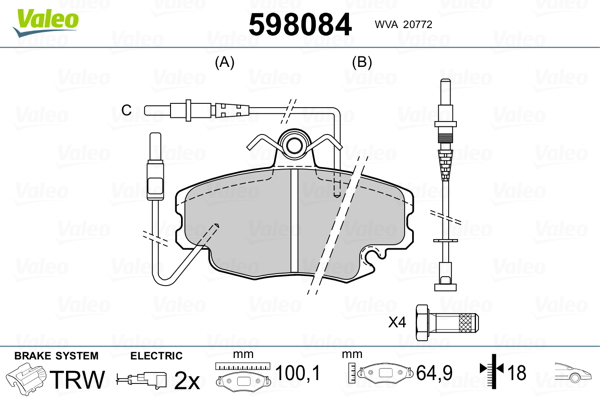 VALEO 598084 Kit pastiglie freno, Freno a disco