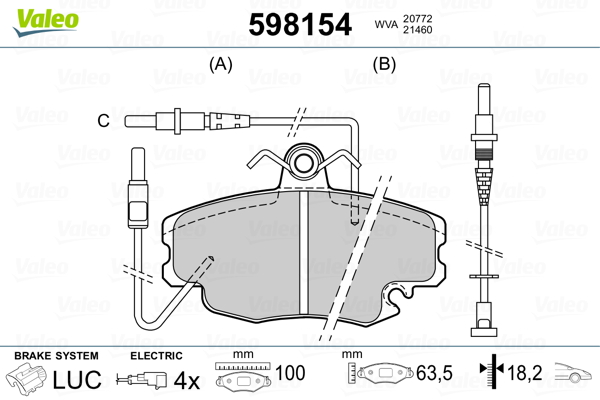 VALEO 598154 Kit pastiglie freno, Freno a disco