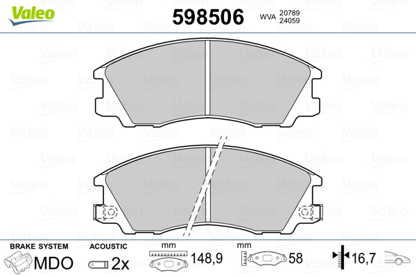 VALEO 598506 Kit pastiglie freno, Freno a disco