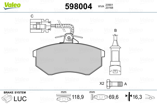 VALEO 598004 Kit pastiglie freno, Freno a disco