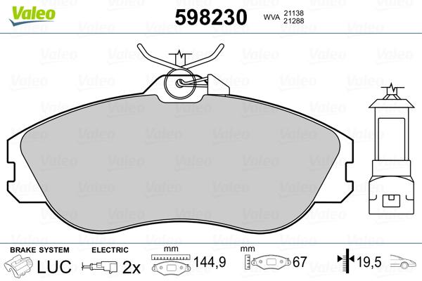 VALEO 598230 Kit pastiglie freno, Freno a disco