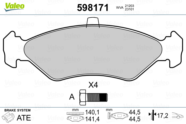 VALEO 598171 Kit pastiglie freno, Freno a disco