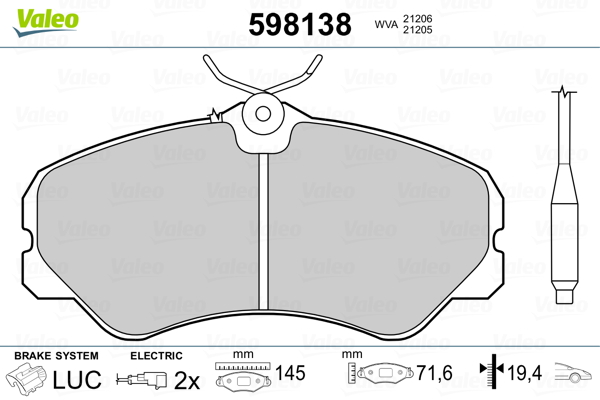 VALEO 598138 Kit pastiglie freno, Freno a disco