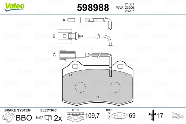 VALEO 598988 Kit pastiglie freno, Freno a disco