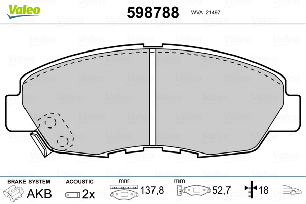 VALEO 598788 Kit pastiglie freno, Freno a disco