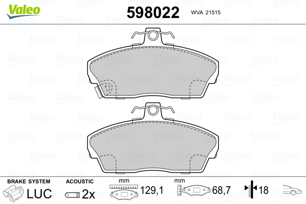 VALEO 598022 Kit pastiglie freno, Freno a disco