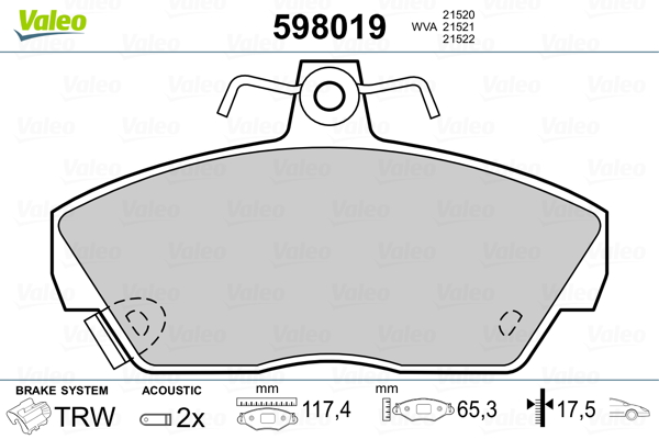 VALEO 598019 Kit pastiglie freno, Freno a disco