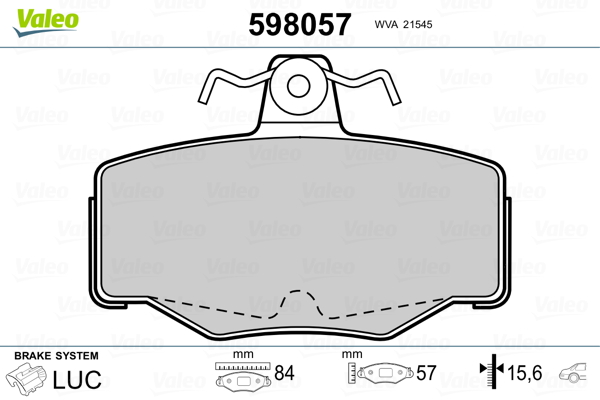 VALEO 598057 Kit pastiglie freno, Freno a disco