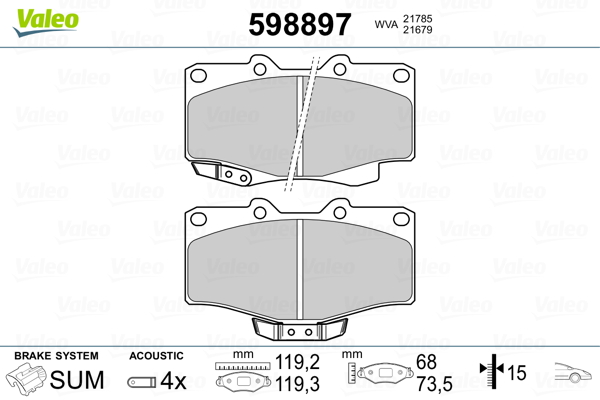 VALEO 598897 Kit pastiglie freno, Freno a disco