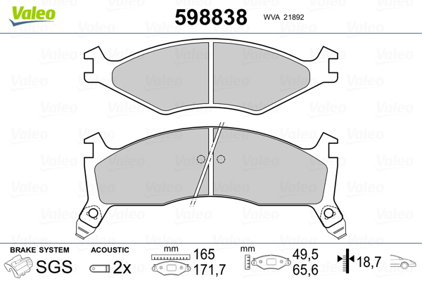 VALEO 598838 Kit pastiglie freno, Freno a disco