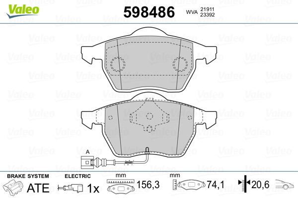 VALEO 598486 Kit pastiglie freno, Freno a disco