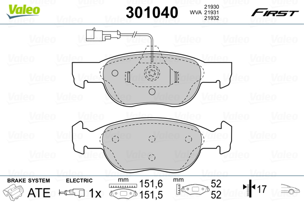 VALEO 301040 Kit pastiglie freno, Freno a disco