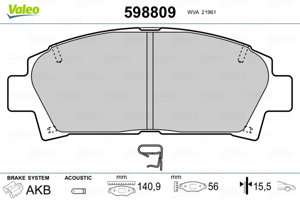 VALEO 598809 Kit pastiglie freno, Freno a disco