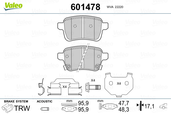 VALEO 601478 Kit pastiglie freno, Freno a disco