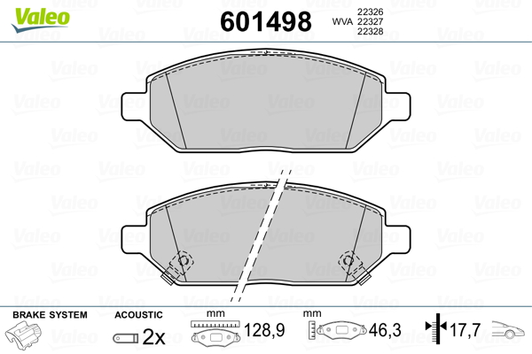 VALEO 601498 Kit pastiglie freno, Freno a disco