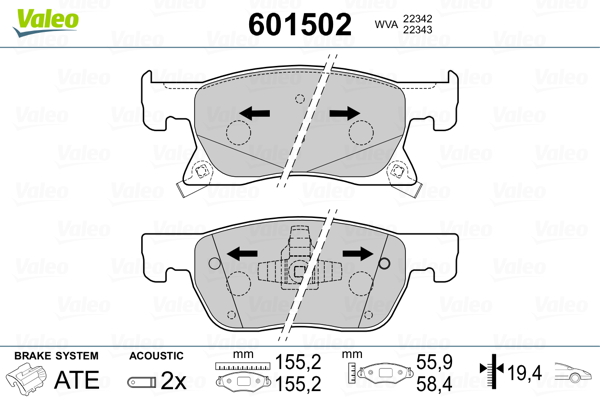 VALEO 601502 Kit pastiglie freno, Freno a disco