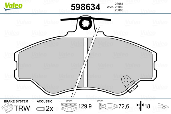 VALEO 598634 Kit pastiglie freno, Freno a disco