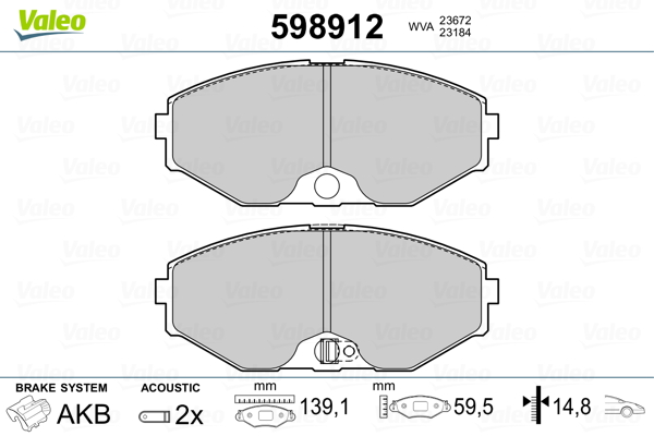 VALEO 598912 Kit pastiglie freno, Freno a disco