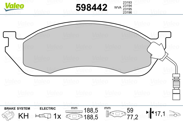 VALEO 598442 Kit pastiglie freno, Freno a disco