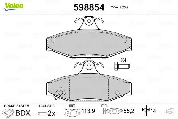 VALEO 598854 Kit pastiglie freno, Freno a disco