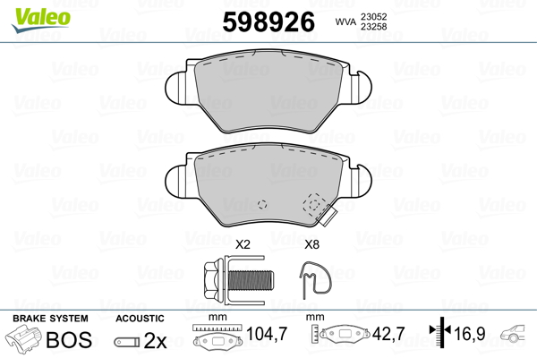 VALEO 598926 Kit pastiglie freno, Freno a disco