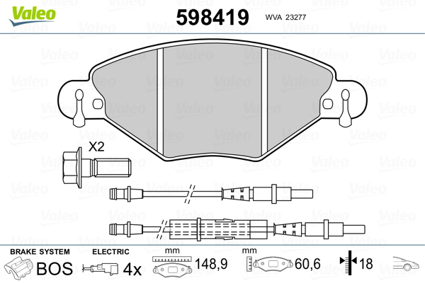 VALEO 598419 Kit pastiglie freno, Freno a disco