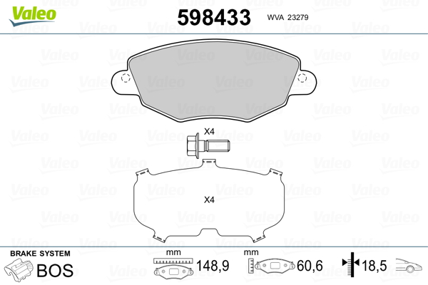 VALEO 598433 Kit pastiglie freno, Freno a disco